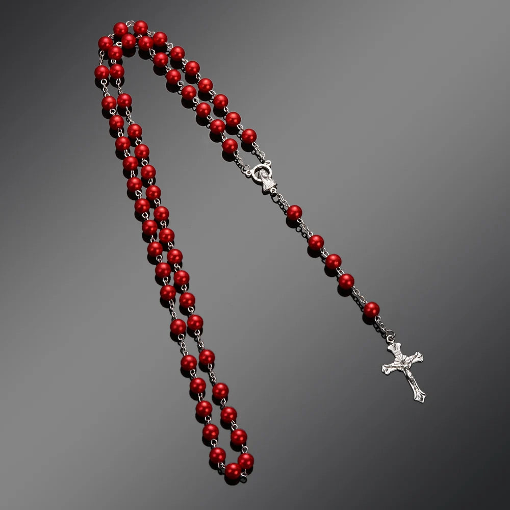 Vintage Catholic Rosary Necklace — Glass Bead Crucifix Cross