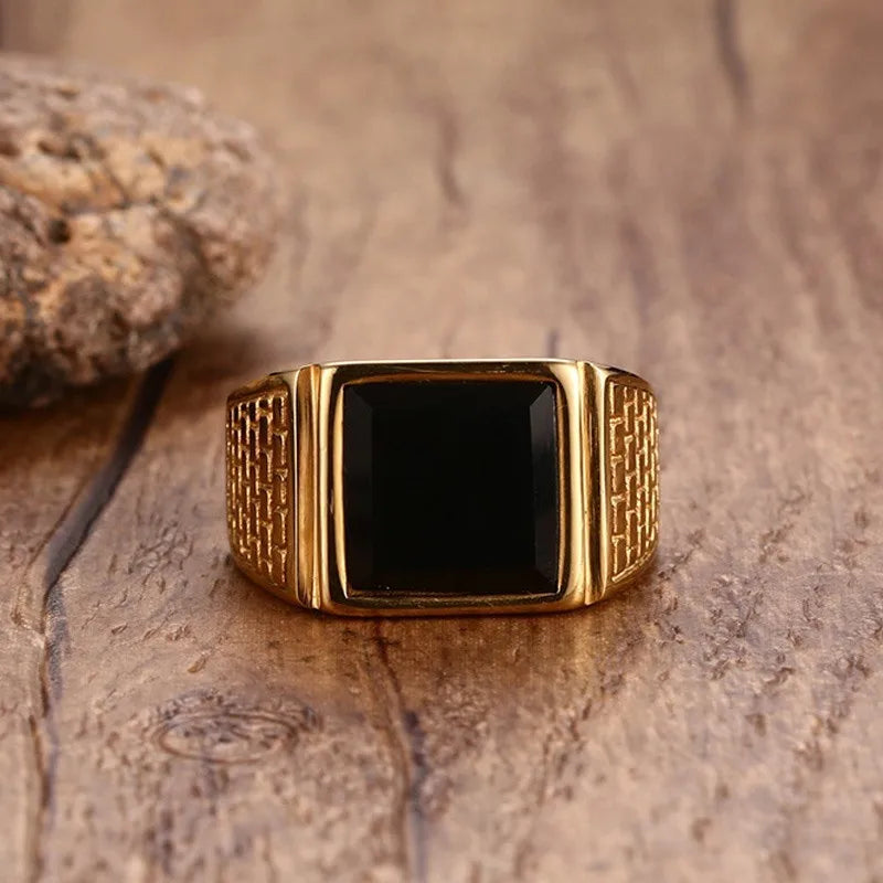Black Stone Gold Signet Ring — Stainless Steel