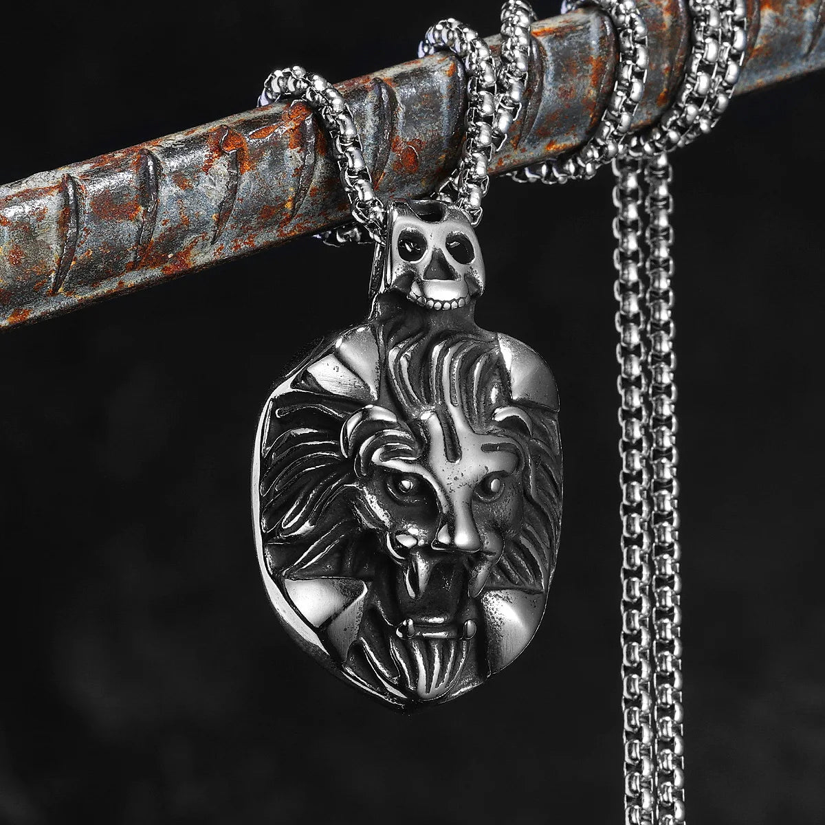 Vintage Gothic Lion Head Skull Pendant Necklace — Stainless Steel