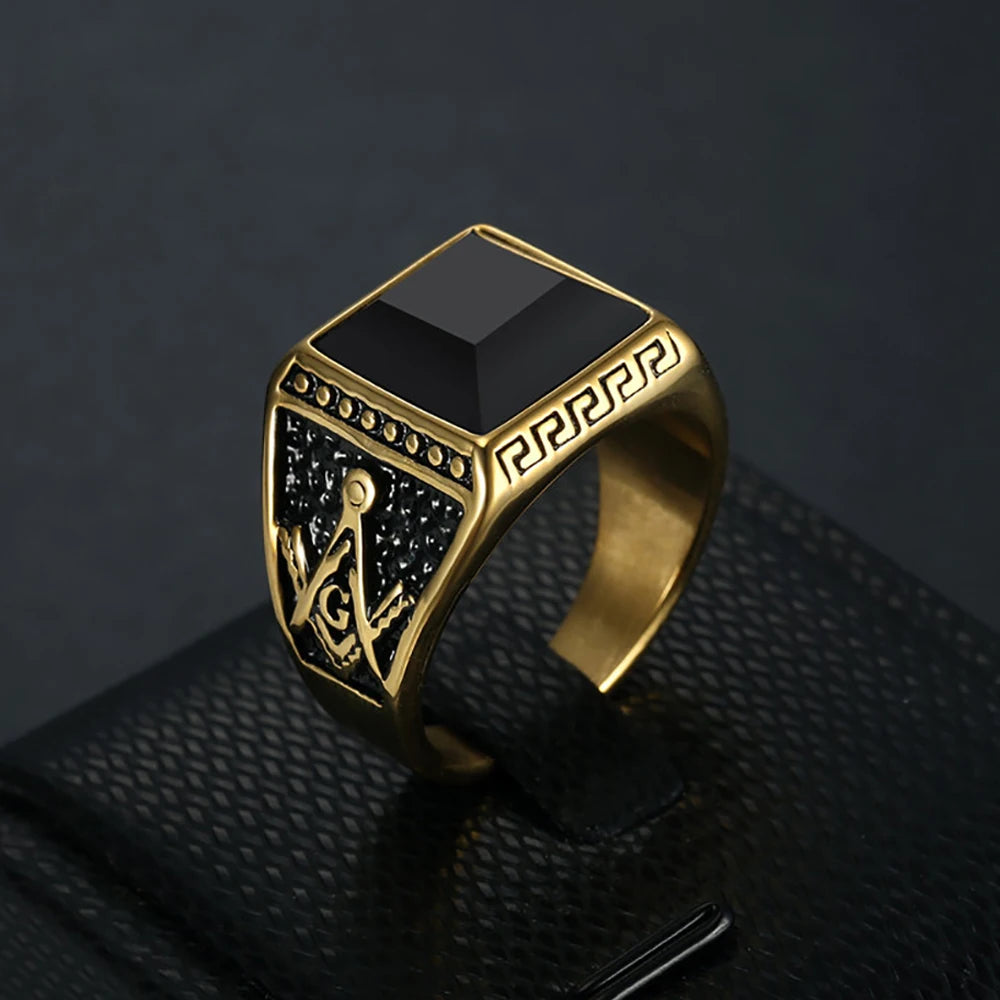 Vintage Black Square Rings For Men Women 316L Stainless Steel Gothic Fashion Masonic Letter G Ring Biker Jewelry Accessories