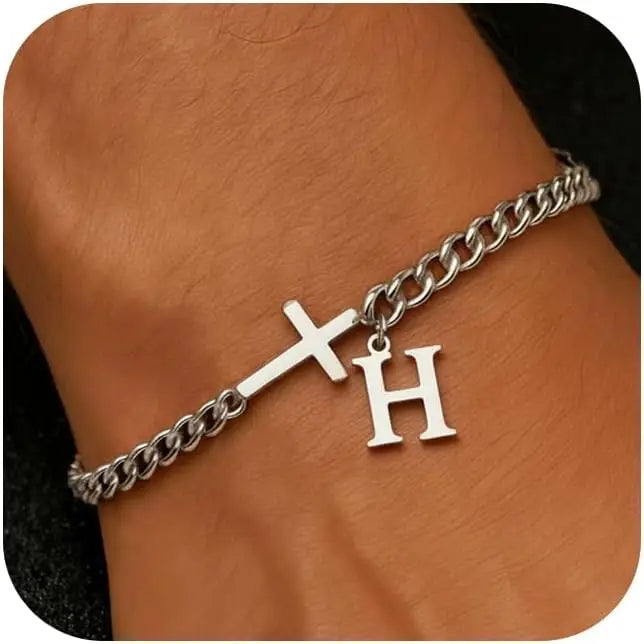 Men Cross Cuban Chain Bracelets for Men Initial A-Z Faith Cross Bracelets, Stainless Steel Initial Bracelet Religious