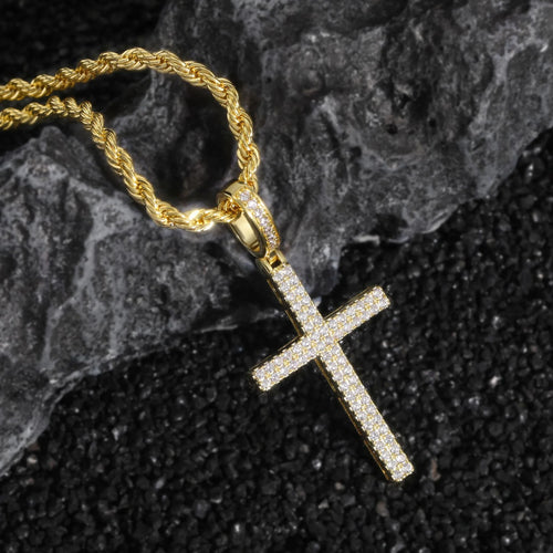 Classic Iced Out CZ Cross Pendant Necklace — Gold-Tone