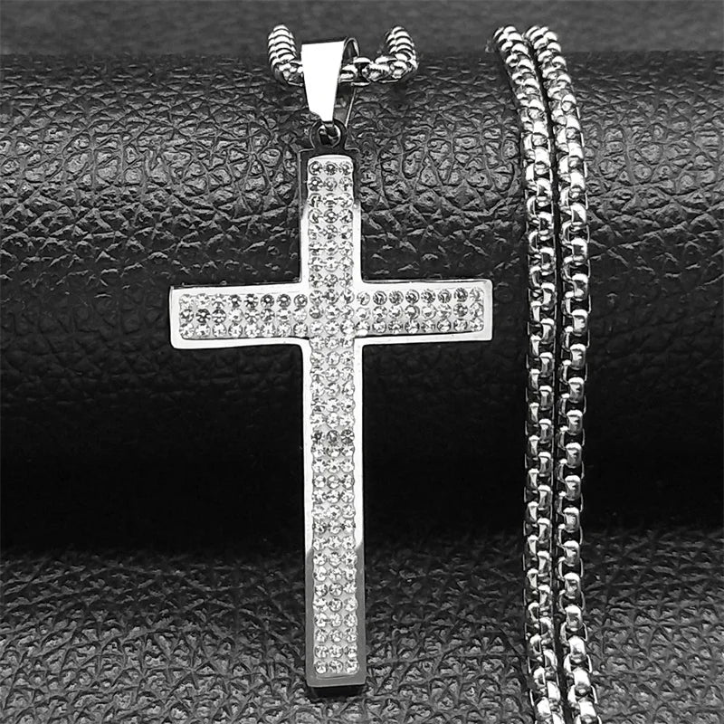 Trendy Cross Rhinestone Pendant Necklace For Women Men Stainless Steel Silver Color Religion Catholic Chain Jewelry