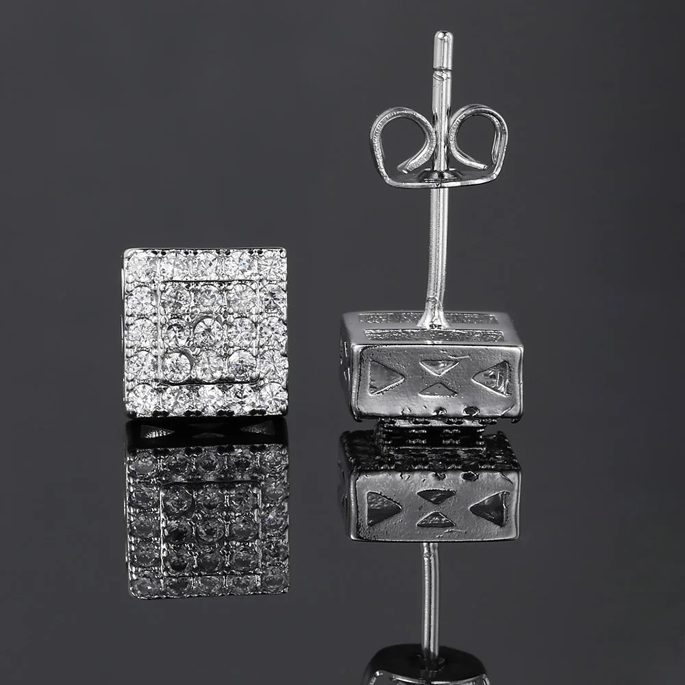 Silver Iced Out Square Stud Earrings CZ
