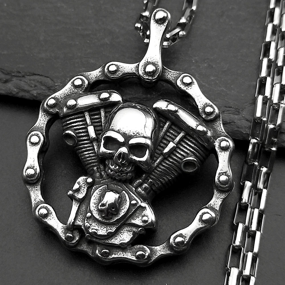 Skull Motorcycle Silver Pendant Heavy Duty Engine