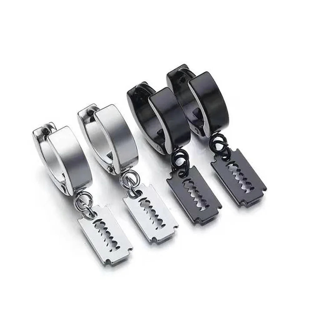 Stainless Steel Gold Razor Blade Drop Earrings Small Hoop Dangle Ear Jewelry Rock Roll Men Women Fashion Gift