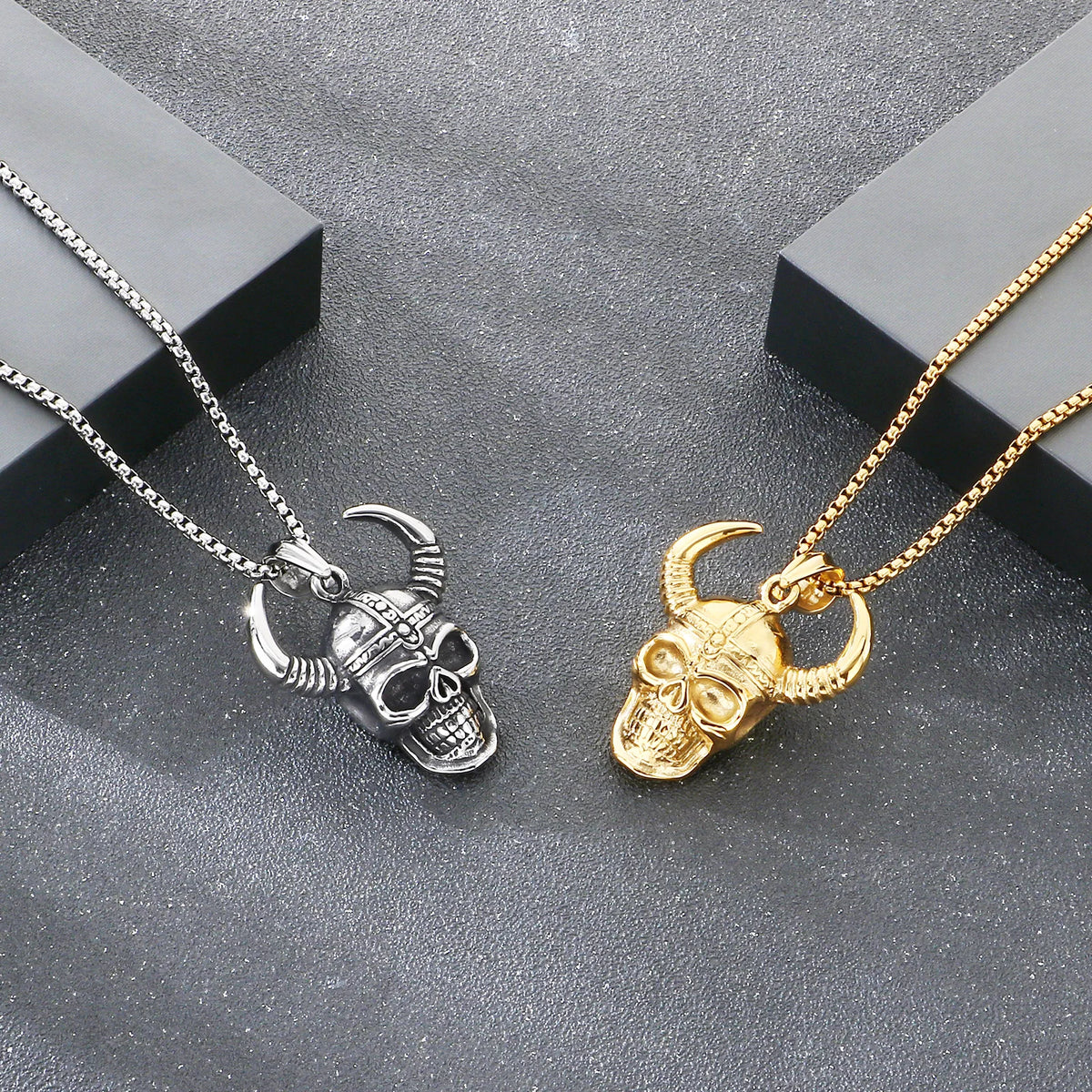 Gothic Bull Horn Skull Pendant Necklace — Stainless Steel