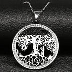 Iced Out Tree of Life Silver Necklace — Stainless Steel