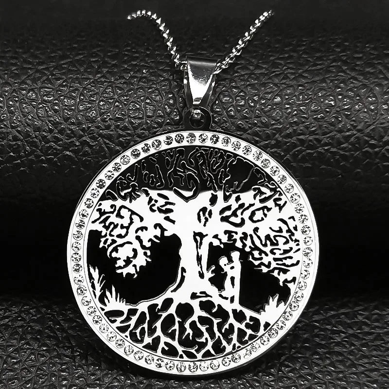 Iced Out Tree of Life Silver Necklace — Stainless Steel