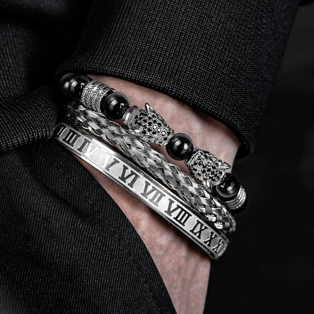3PCS Mens Premium Black Agate Beaded Bracelet Set - Double Leopard Head, Roman Numerals, Adjustable Braided Design