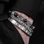 3PCS Mens Premium Black Agate Beaded Bracelet Set - Double Leopard Head, Roman Numerals, Adjustable Braided Design