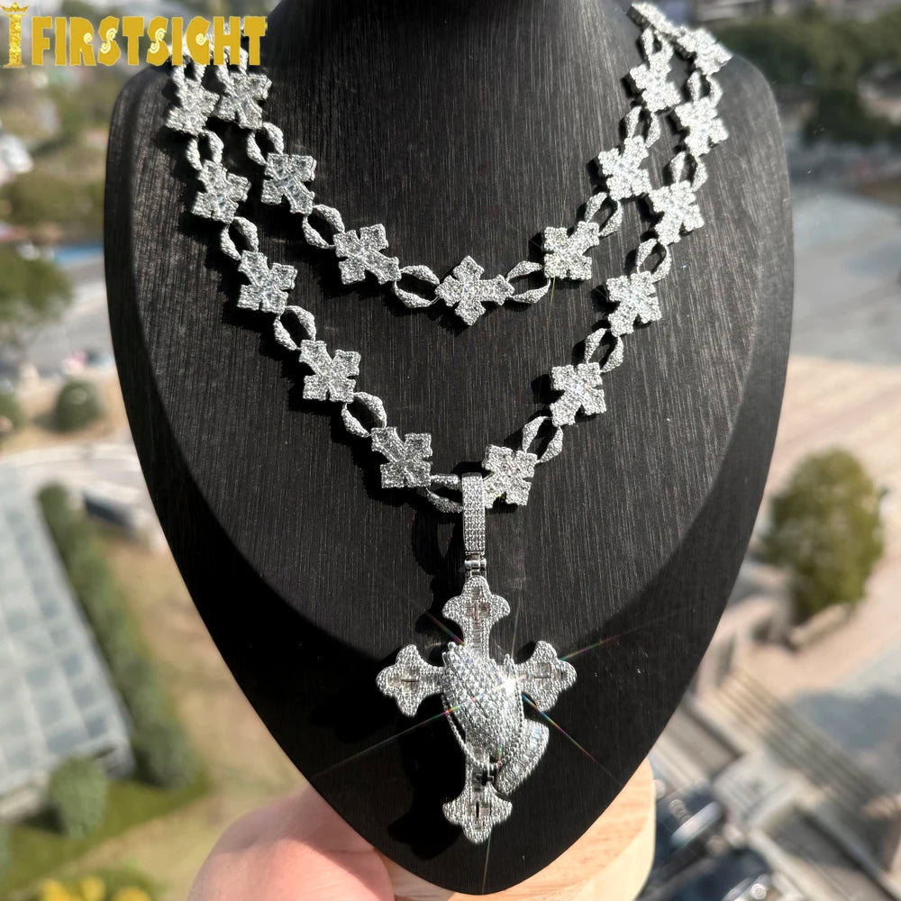 2025 New Iced Out Cross Pendant Necklace for Men Women Bling Silver Color Cubic Zirconia Cross Cuban Chain Hip Hop