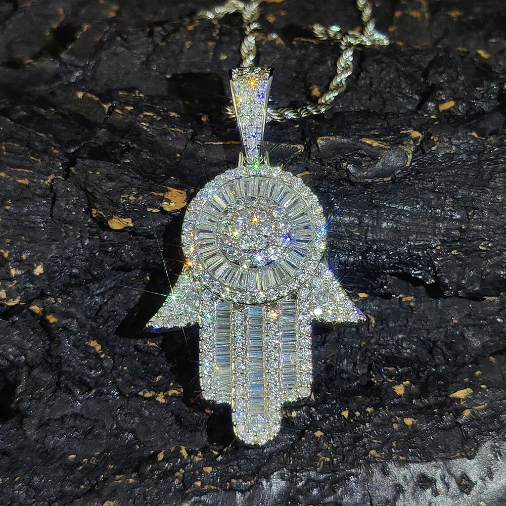 Iced Out Hamsa Hand of Fatima Pendant Necklace — Copper Alloy