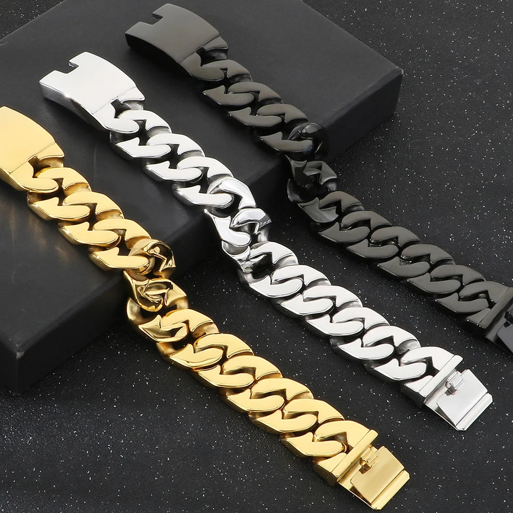 Waterproof 316l Stainless Steel Jewelry Bracelet for Man 24MM Width Curb Cuban Link Chain Men's Bracelets Fathers' Day