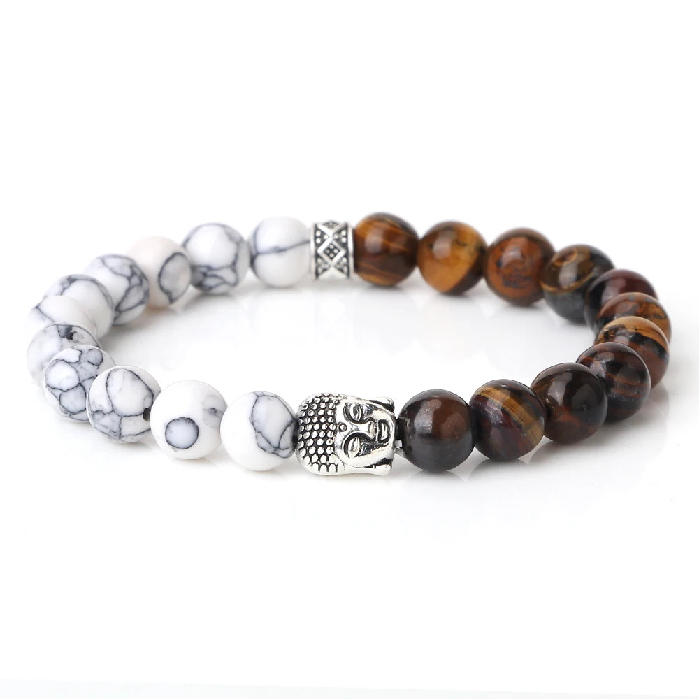 Tibetan Buddha Head Bracelets 8MM Natural Stone Tiger Eye Lava Beads Bangles For Women Men Fashion Couple Prayer