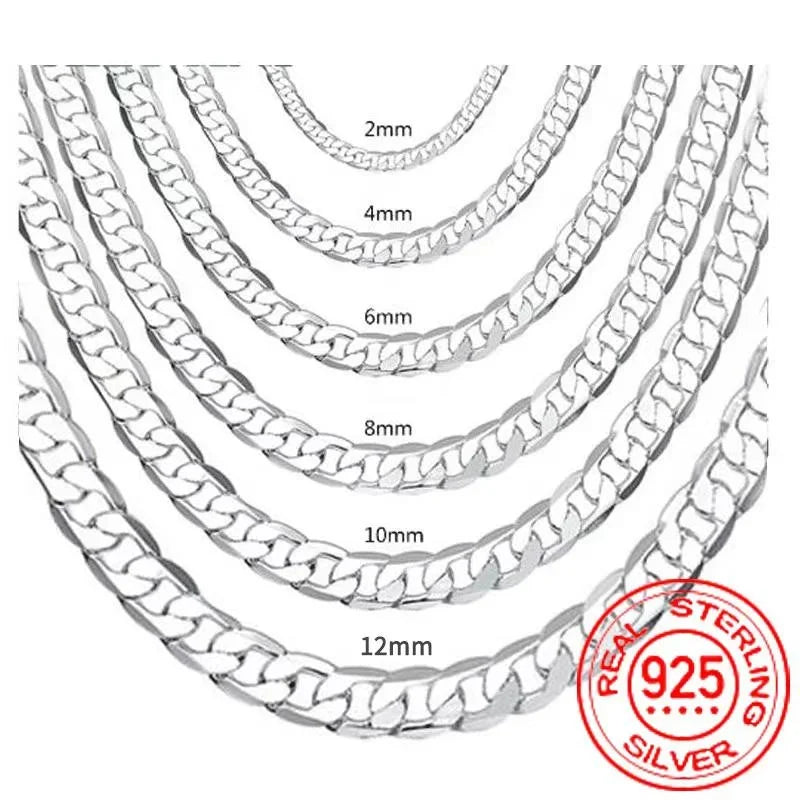 Men's 925 Sterling Silver Necklace 2/4/6/8/10/12MM 40-75cm Face Chain Necklace Lobster Clasp Men Women Engagement