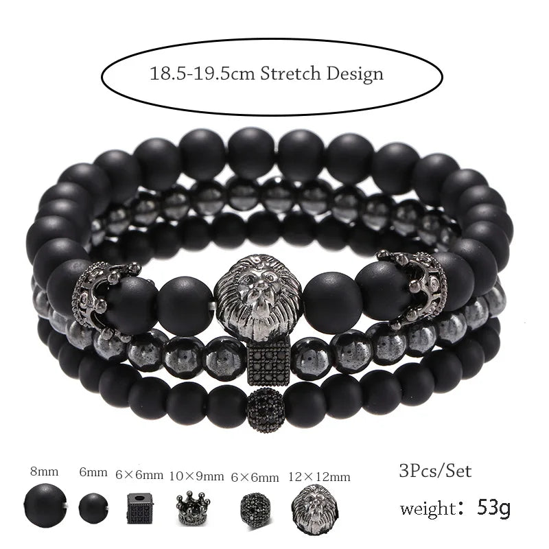 Lion Head Crown Dice Bead Bracelet Set — Black-Tone, 3 Pcs