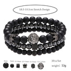Lion Head Crown Dice Bead Bracelet Set — Black-Tone, 3 Pcs