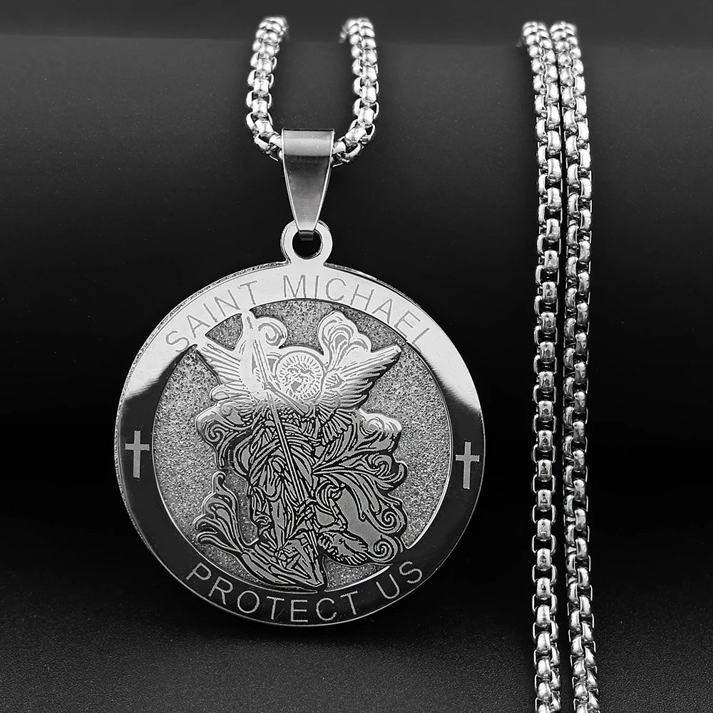 St. Michael Protect Us Cross Medal Necklace — Stainless Steel