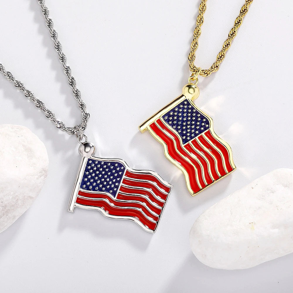 Gold US Flag Pendant Necklace Stainless Steel