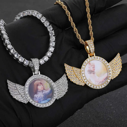 Angel Wing Photo Pendant Necklace Iced Out CZ