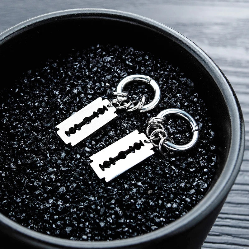 Fashion Stainless Steel Blade Earrings Vintage Razor Hollow Drop Earrings Women Men Punk Jewelry Hip Hop Street Dangle