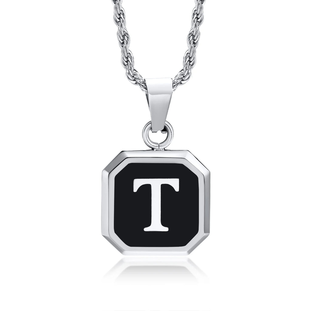 Initials Necklaces for Men Women,A-Z 26 Letters Black Square Stainless Steel Pendant Collar,45-60CM Twisted Rope Chain