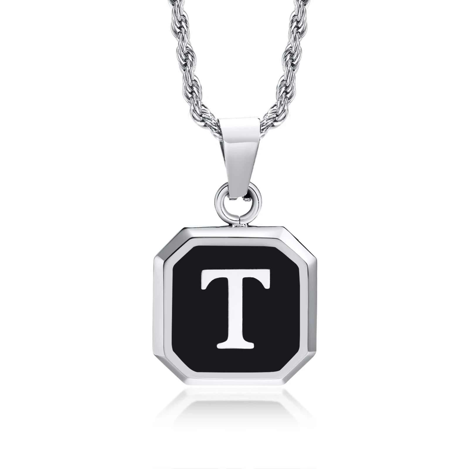 Initials Necklaces for Men Women,A-Z 26 Letters Black Square Stainless Steel Pendant Collar,45-60CM Twisted Rope Chain