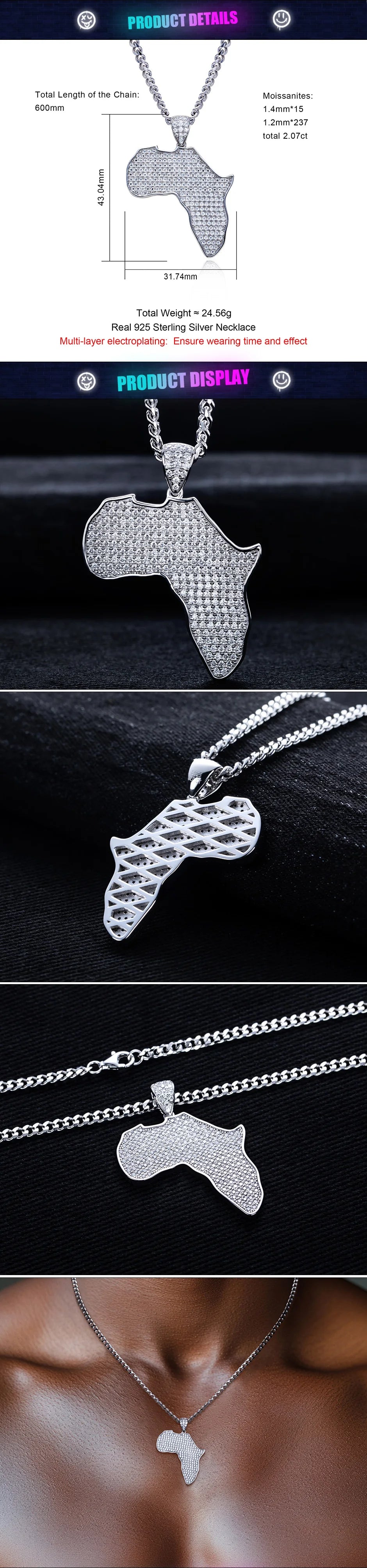 Iced Out Africa Map Pendant — 925 Silver