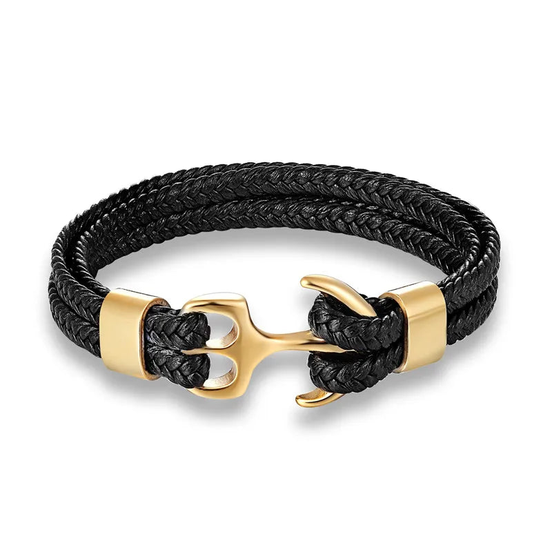 Nautical Anchor Woven Leather Bracelet — Stainless Steel Buckle