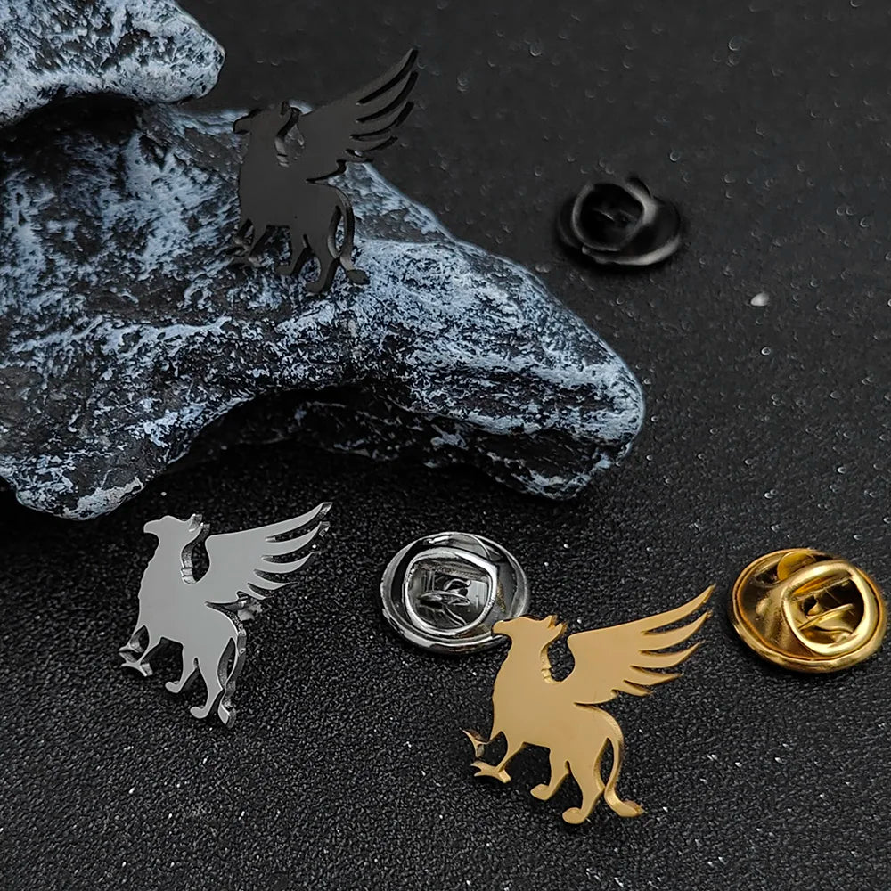 Stylish and simple animal badge, gold-plated stainless steel lion collar pin, phoenix men's collar pin, pterosaur brooch