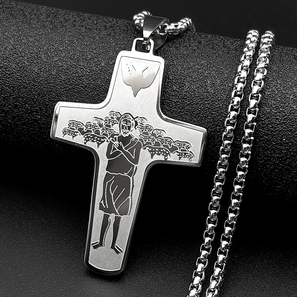 Christ Jesus Good Shepherd Cross Pendant Necklace for Women Men Stainless Steel Gold Color Holy Spirit Dove Chain Faith