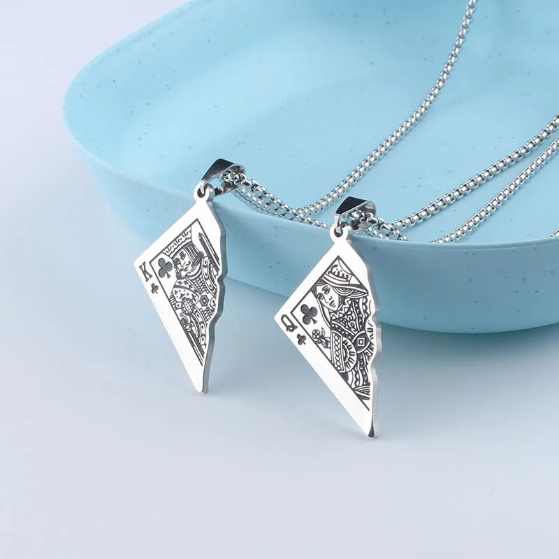 King & Queen Split Poker Card Matching Necklace — Stainless Steel