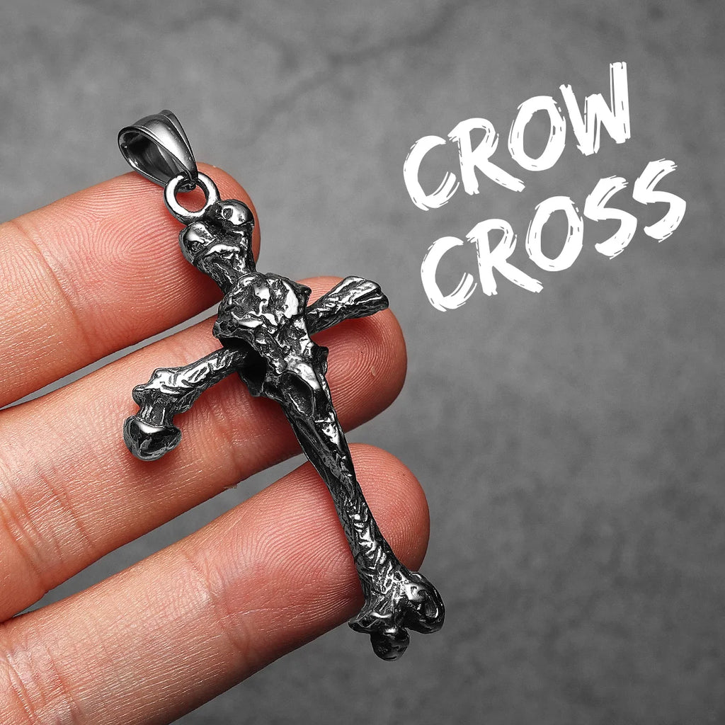 Viking Crow Bone Cross Men Necklaces Stainless Steel Amulets Pendant Chain Women Fashion Jewelry Punk Accessories Gift Wholesale