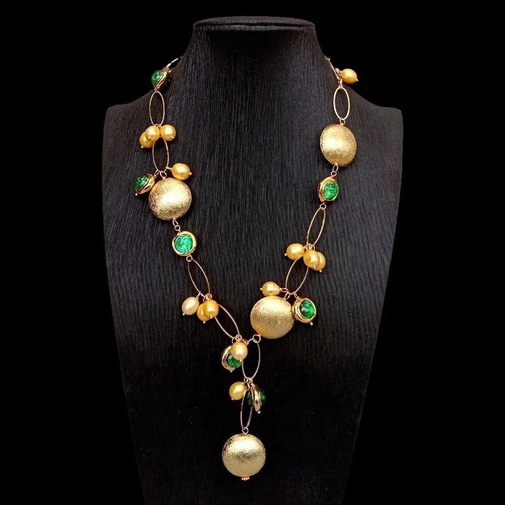 Rice Pearl Murano Glass Coin Y-Drop Necklace — Gold-Tone Copper