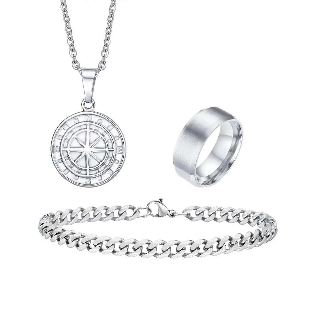 3pcs Classic Compass Necklace Set Gift for Men,Silver Gold Color Stainless Steel Bracelet Ring,Simple Jewelry Set