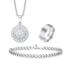 3pcs Classic Compass Necklace Set Gift for Men,Silver Gold Color Stainless Steel Bracelet Ring,Simple Jewelry Set