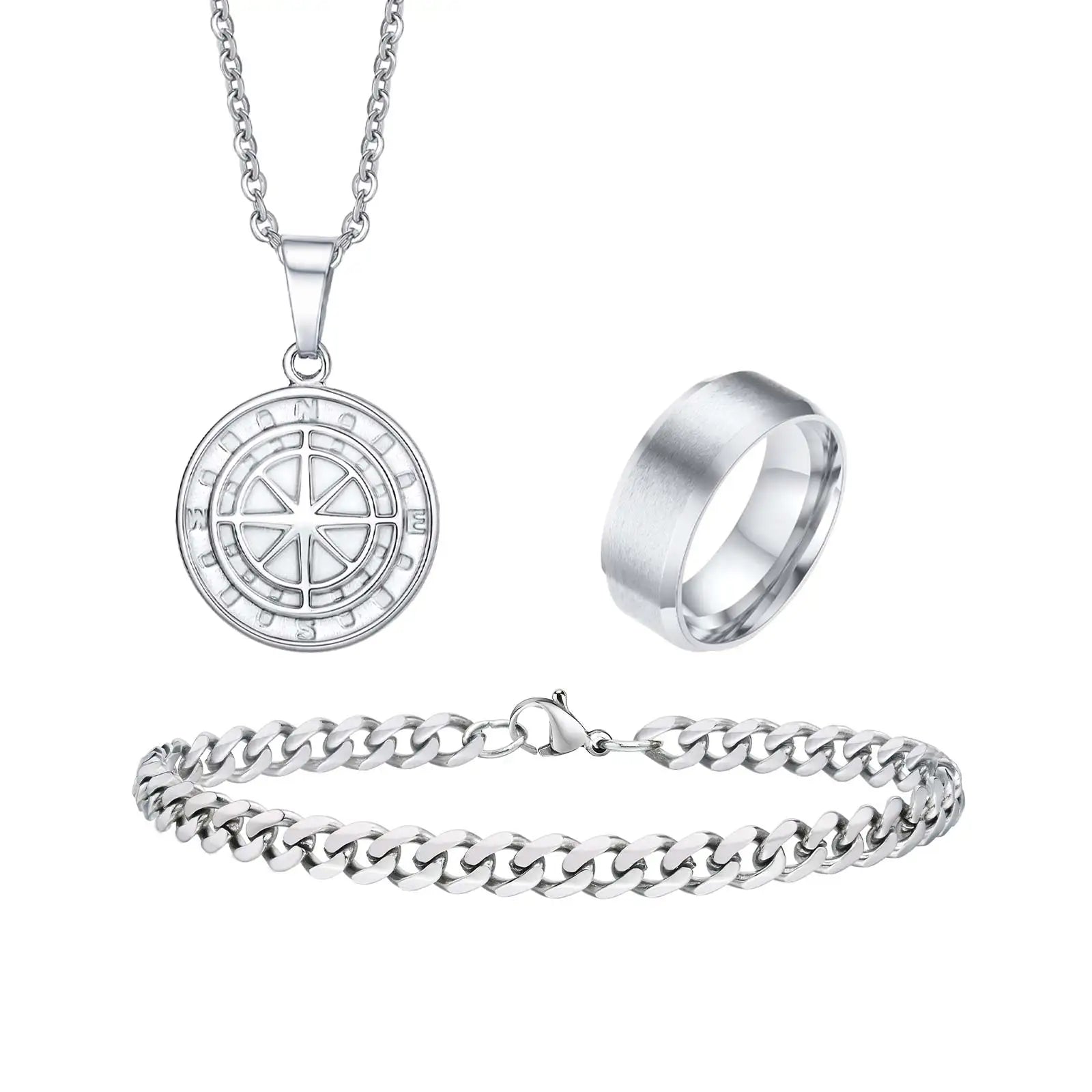 3pcs Classic Compass Necklace Set Gift for Men,Silver Gold Color Stainless Steel Bracelet Ring,Simple Jewelry Set