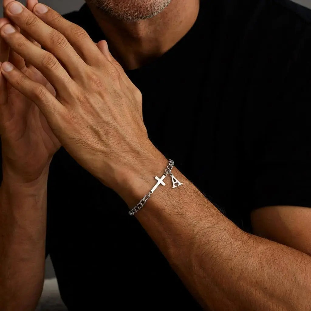 Men Cross Cuban Chain Bracelets for Men Initial A-Z Faith Cross Bracelets, Stainless Steel Initial Bracelet Religious