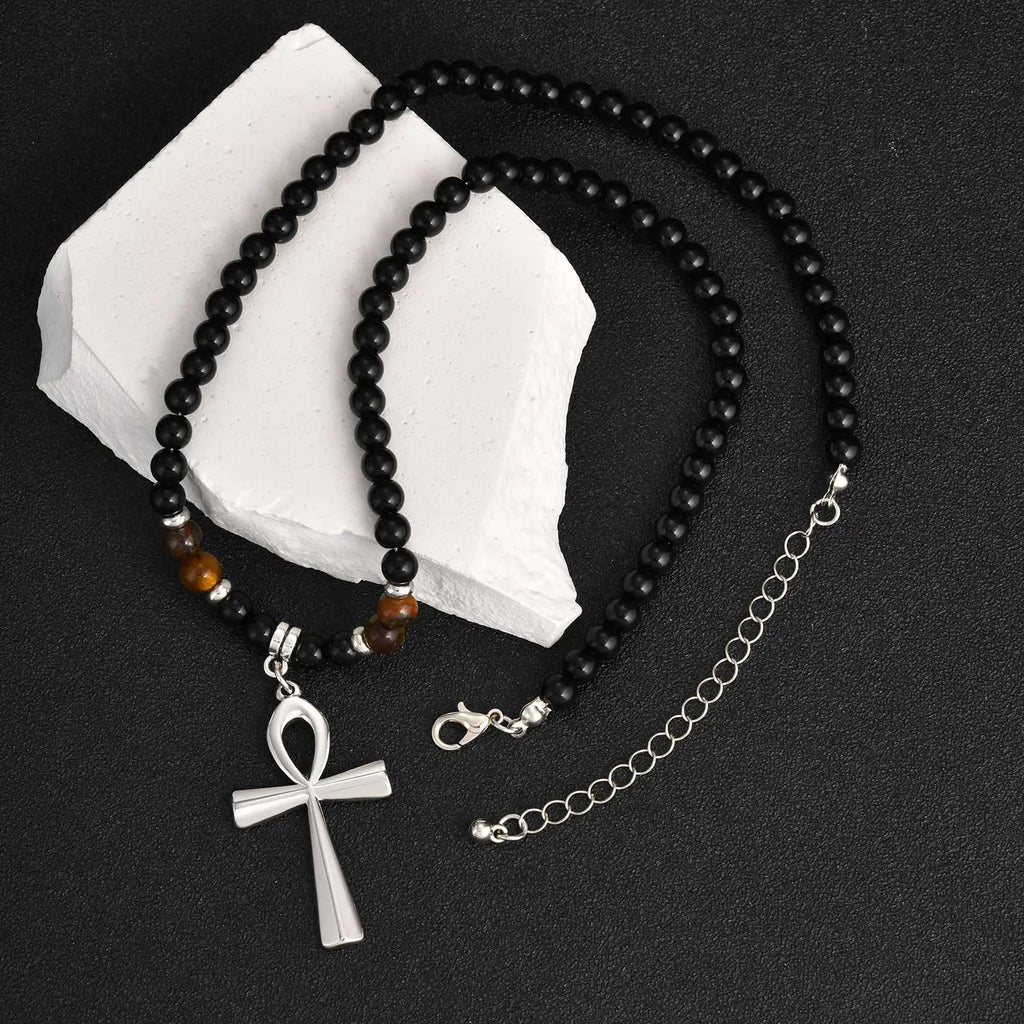 Fashion Stainless Steel Anka Cross Pendant Necklace, Natural Tiger Eye Stone Beaded Chain Necklace, Trendy Punk Jewelry