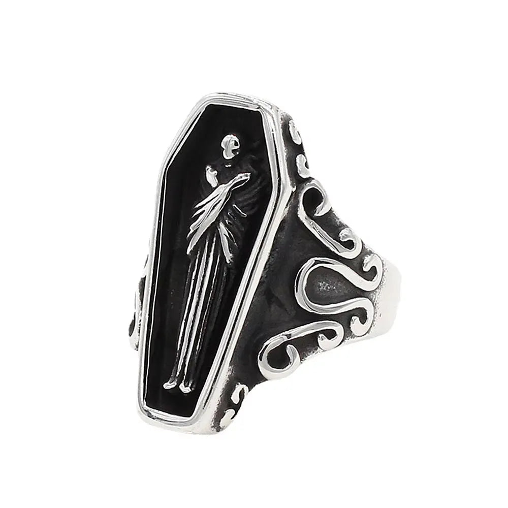 Gothic Coffin Skull Stainless Steel Ring Biker Punk Retro Street Fashion Wear Accessories Party Jewelry Gifts For Men