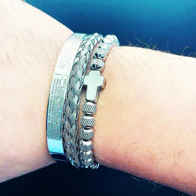 Spanish Scripture Cross Beaded Bracelet Set — Stainless Steel