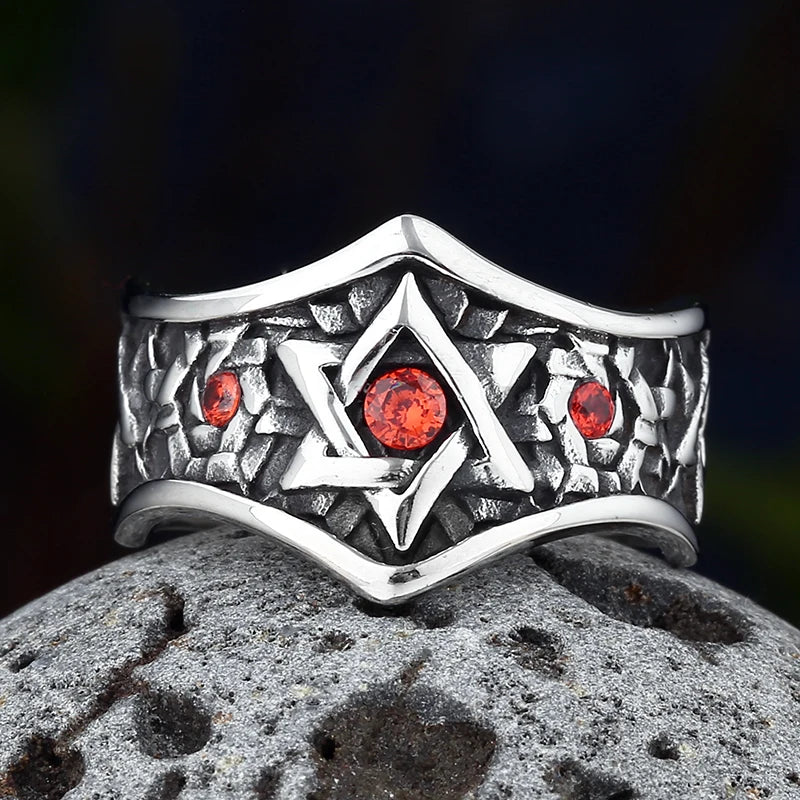 Biker Fashion 316L Stainless Steel Unique Star Ring With Red Stone Wear Anels For Man Women Fashion Couple Jewelry Wedding Gift