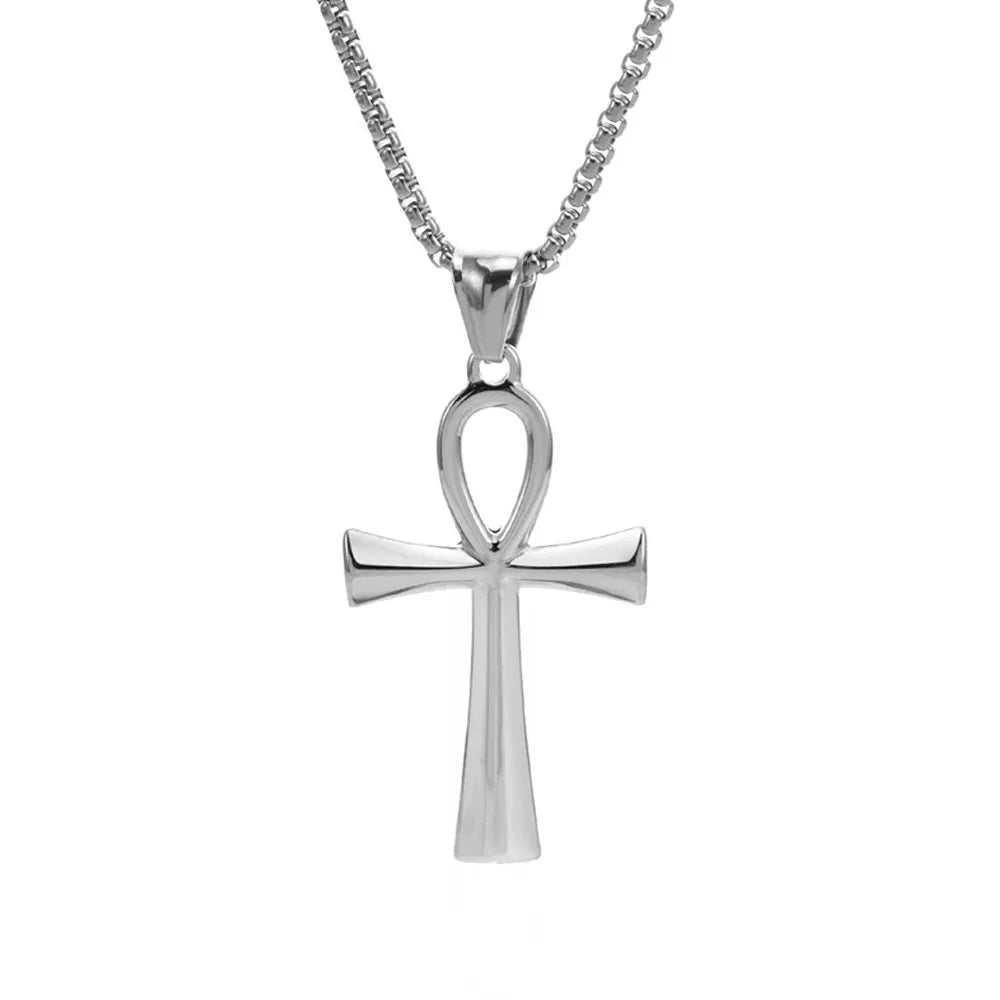 Retro Simple Egyptian Anka Cross Stainless Steel Pendant Necklace Popular Fashion Men and Women Outdoor Party Myth Jewelry Gifts
