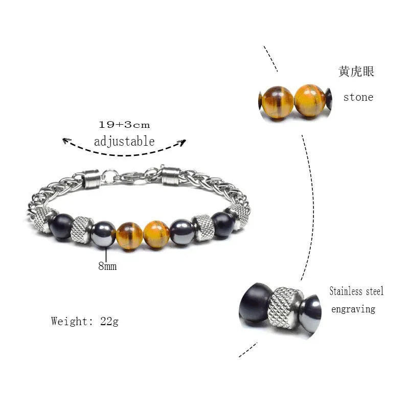 Tiger Eye Beaded Bracelet — Stainless Steel