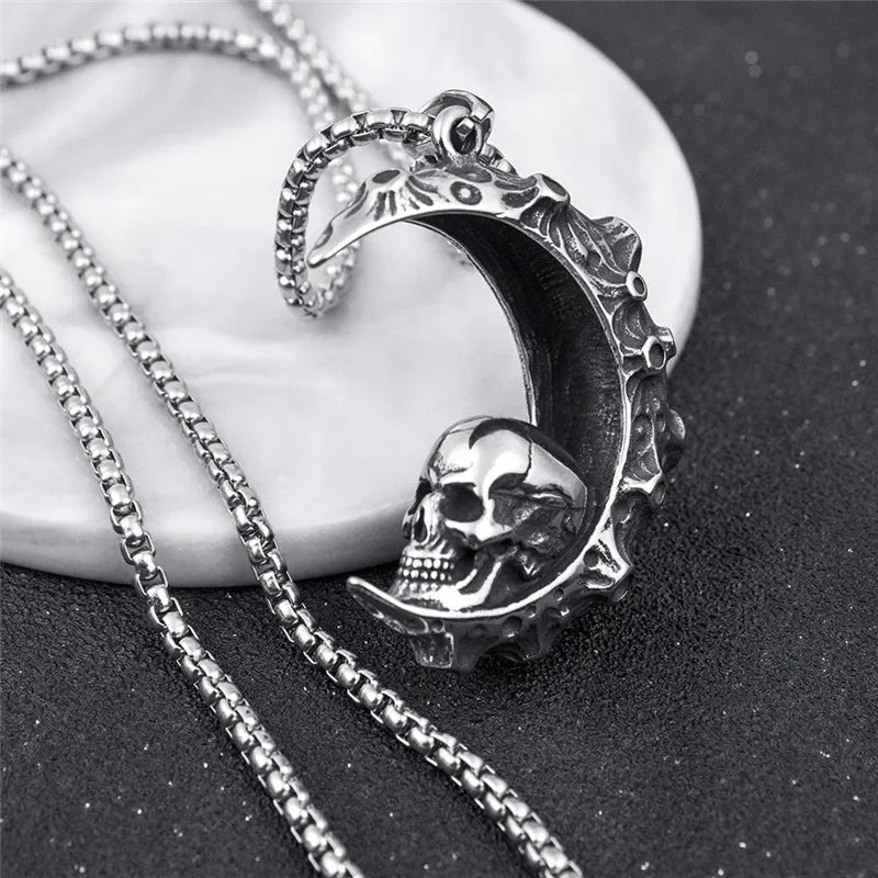 Moon Skull Pendant Necklace — 316L Stainless Steel