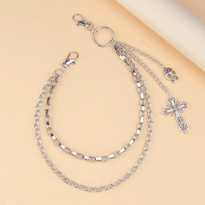 Multi‑Layer Pants Chain With Skull Cross Pendant Unisex Metal Waist Chain Gothic Punk Jeans Hanging Fashion Decor