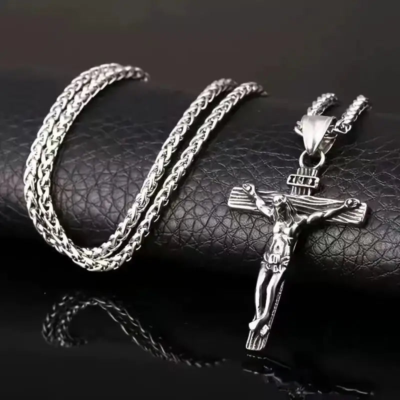 Jesus Crucifix Cross Pendant Necklace Wheat Chain 60cm — Two-Tone
