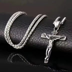 Jesus Crucifix Cross Pendant Necklace Wheat Chain 60cm — Two-Tone