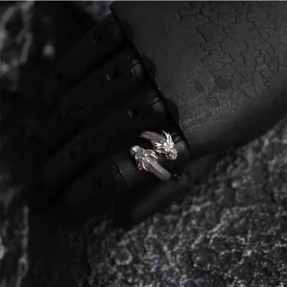 New Personalized Retro Domineering Trend Two-headed Dragon Ring Men Women Punk Adjustable Ring Hip Hop Rock Simple